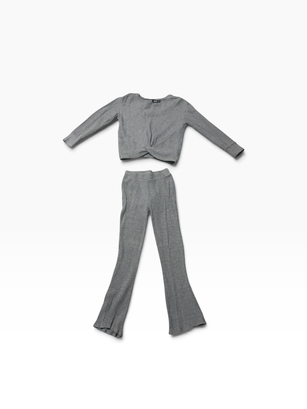 kidpik Silver Gray Knit Twist-Front Top & Flared Boot-Cut Pants Set